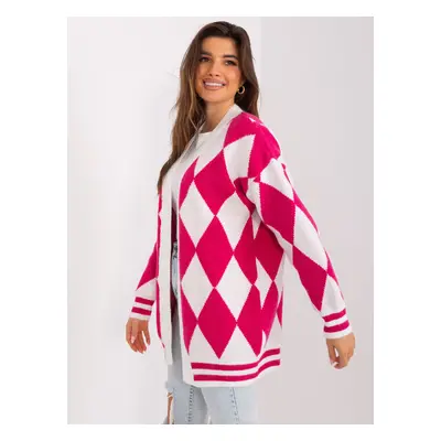 Ecru and fuchsia cardigan with diamond pattern