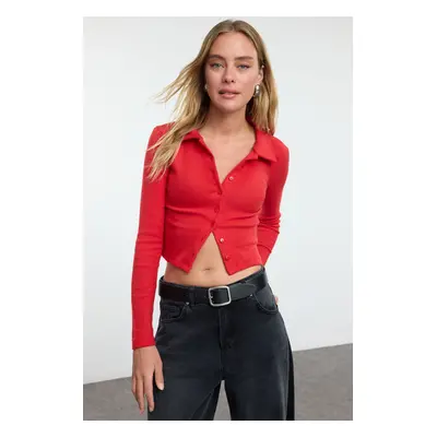 Trendyol Red Button Detailed Fitted Crop Polo Neck Ribbed Stretchy Knitted Blouse