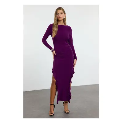 Trendyol Purple Plain Ruffle Midi Skirt Flounce Boat Rock Maxi Flexible Knitted Knit Dress