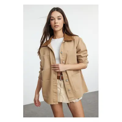 Trendyol Brown Collar Suede Denim Shirt Jacket