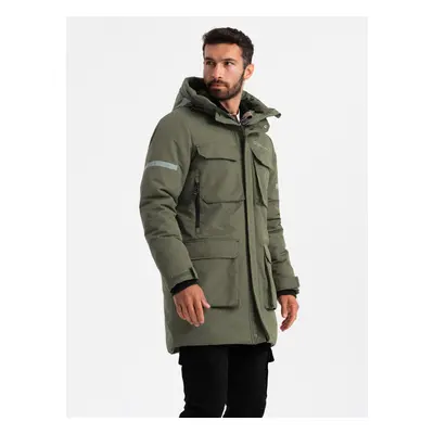 Ombre Men's insulated long jacket with reflective elements - olive