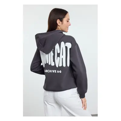 Trendyol Anthracite Thick Polar Fleece Hooded Slogan Oversize/Wide Cut Knitted Sweatshirt