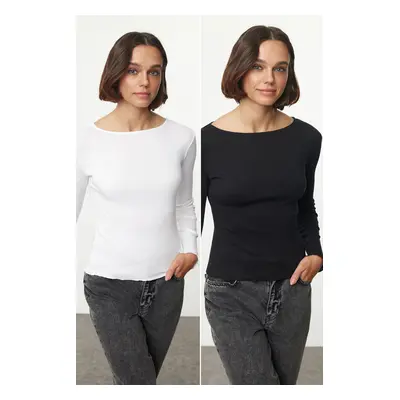 Trendyol Black-White Double Pack Slim/Fitting Regular Baby Overlock Detailed Knitted Blouse