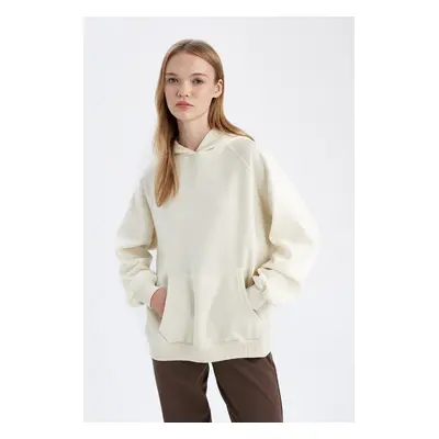 DEFACTO Oversize Wide Pattern Hooded Kangaroo Pocket Thick Basic Plain Sweatshirt