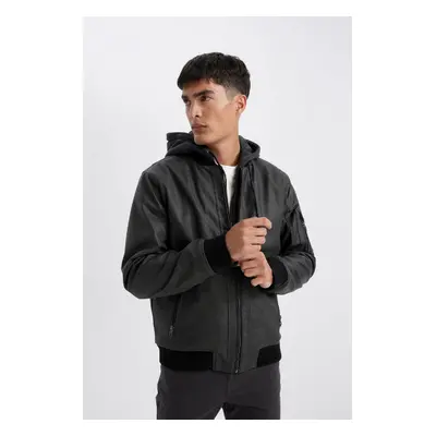 DEFACTO Slim Fit Hooded Faux Leather Jacket