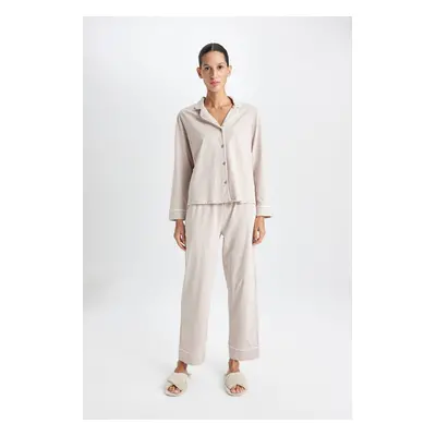 DEFACTO Fall In Love Regular Fit Basic Plain Long Sleeve Top Bottom Pajama Set