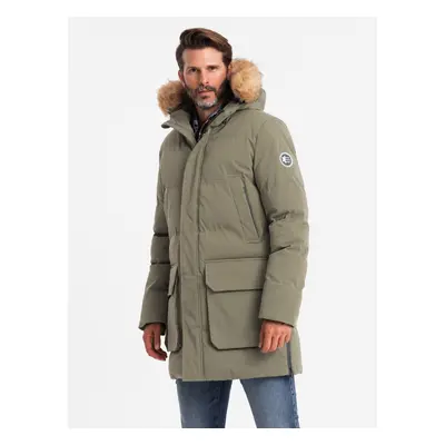 Ombre Men's long parka jacket with flared bottom - dark olive green