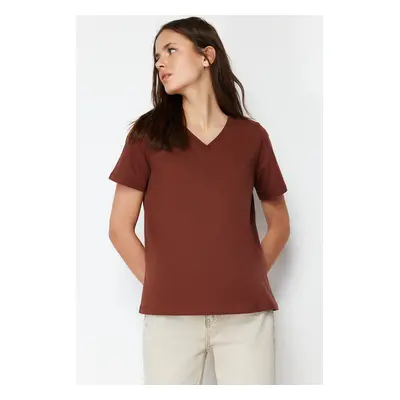 Trendyol Brown 100% Cotton Basic V-Neck Knitted T-Shirt