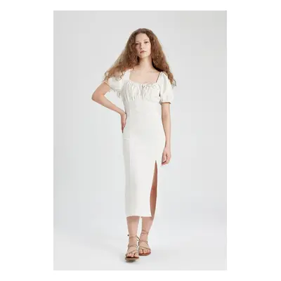 DEFACTO A-Line Gathered Neck Slit White Linen Short Sleeve Midi Dress