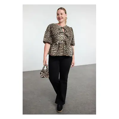 Trendyol Curve Multicolored Women's Bow Leopard Patterned Woven Plus Size Blouse