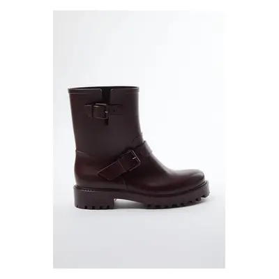 Trendyol Dark Burgundy Buckle Short Flat Heeled Women's Rain Boots