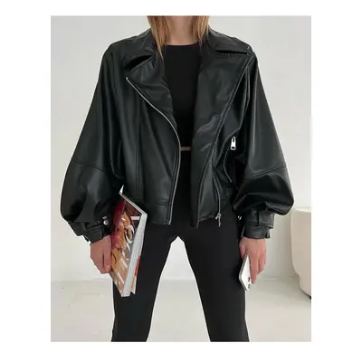 28935 Dewberry Wide Sleeve Women PU Jacket-BLACK