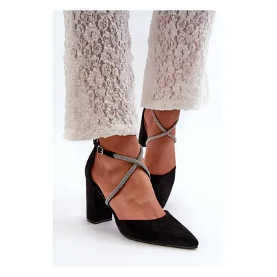 Eco-friendly high-heeled suede pumps with cubic zircons, black Lagra