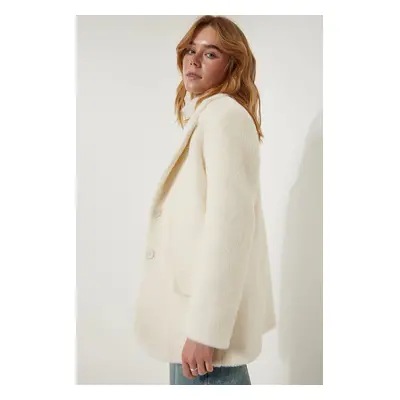 Happiness İstanbul Women's Cream Premium Buttoned Bearded Jacket