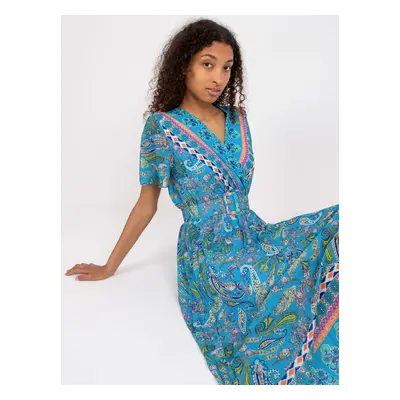 Blue midi paisley dress with a wrap neckline