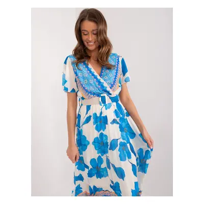 Blue and beige women's pleated dress