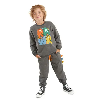 Denokids Rawr Knitted Boy's Winter Anthracite Tracksuit Set