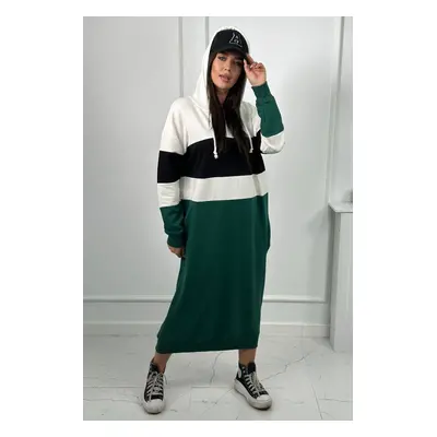 Three-color hooded dress ecru + black + dark green