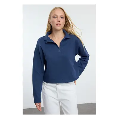 Trendyol Indigo Thessaloniki/Knitwear Look Zipper Collar Regular/Normal Fit Knitted Sweatshirt