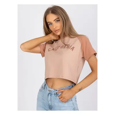 Beige and camel cotton T-shirt with print