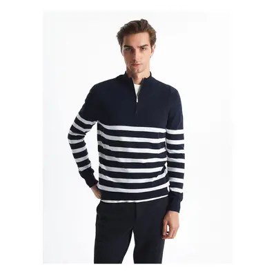 LC Waikiki Navy Blue Striped Stand Collar Long Sleeve Striped Men's Knitwear Sweater