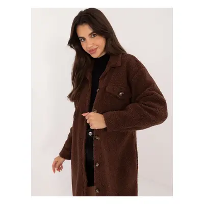 Brown long bouclé shirt with pockets