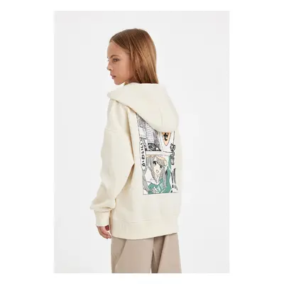 DEFACTO Girl Oversize Wide Pattern Back Printed Hooded Sweatshirt