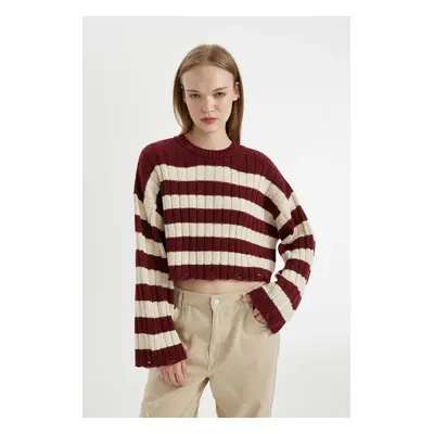 DEFACTO Regular Fit Striped Crew Neck Crop Knitwear Sweater