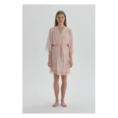 Dagi Dark Pink Patterned Satin Dressing Gown with Lace Detail.