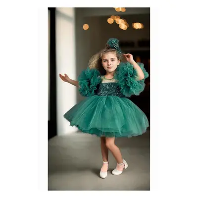 N4732 Dewberry Chiffon Sequined Girls Evening Dress-GREEN