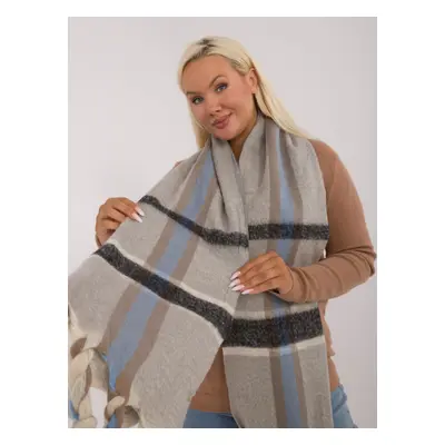 Grey warm women's scarf made of thick knitted fabric with fringe