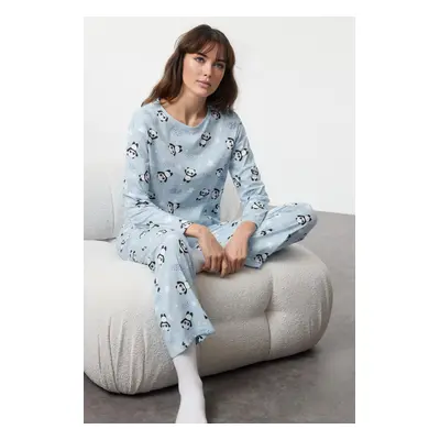 Trendyol Blue 100% Cotton Panda Patterned Knitted Pajama Set