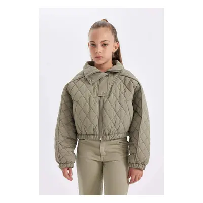 DEFACTO Girl Water Repellent Stand Collar Snap-Flat Quilted Elastic Waist Pocket Puffer Coat