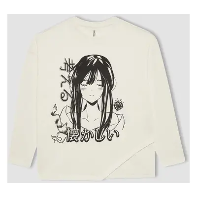 DEFACTO Girl's Oversize Fit Crew Neck Printed Long Sleeve T-shirt