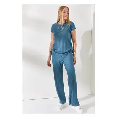 Olalook Women's Petrol Blue Gathered Side Blouse Palazzo Trousers Suit