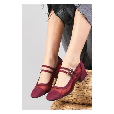 Mio Gusto Women's Burgundy Color Suede Flat Toe Mesh Detail Short Heeled Shoes