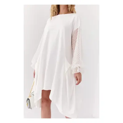 Asymmetrical oversize dress with transparent ecru sleeves