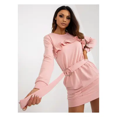 Light pink sweatshirt mini dress with ruffles and belt