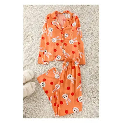 Trendyol Orange Rabbit Patterned Viscose Shirt-Pants Woven Pajama Set