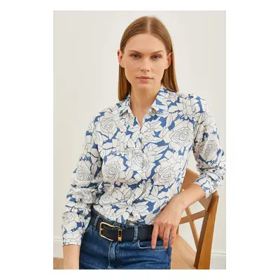 Olalook Women's Rose Indigo Patterned Woven Viscose Shirt