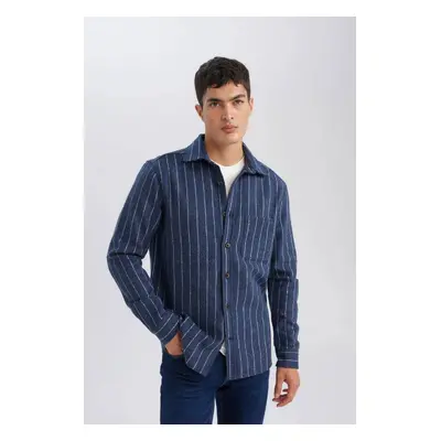 DEFACTO Navy Blue Regular Fit Regular Cut Polo Collar Striped Lumberjack Long Sleeve Shirt