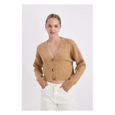 DEFACTO Regular Fit V Neck Basic Plain Buttoned Knitwear Cardigan