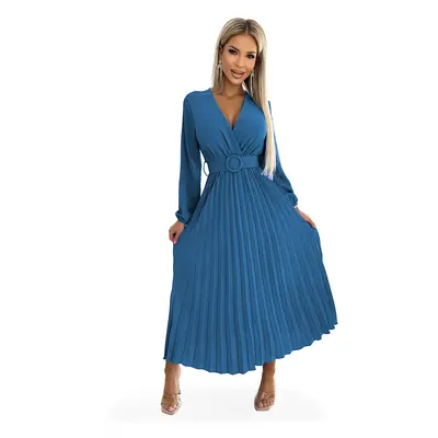 Pleated midi dress with neckline, long sleeves and wide belt Numoco