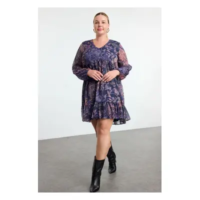 Trendyol Curve Multicolored Floral Glittery Skirt Ruffle Woven Plus Size Dress