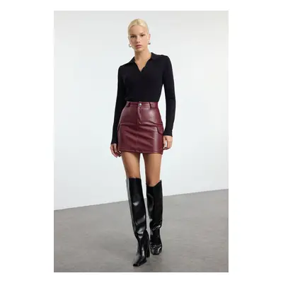 Trendyol Burgundy Faux Leather Cargo Pocket High Waist Fitted Mini Knitted Skirt