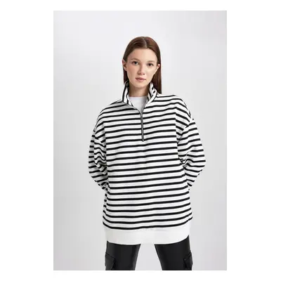 DEFACTO Polo Collar Striped Soft Fluffy Thick Sweatshirt Tunic