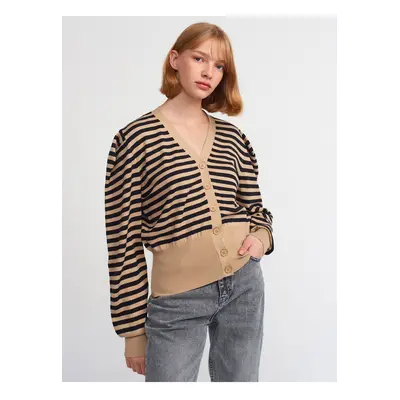 Dilvin V-Neck Striped Cardigan-kbeige-black