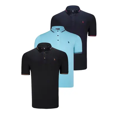 TRIPLE SET T8586 DEWBERRY MEN'S T-SHIRT-BLACK-NAVY-CYAN