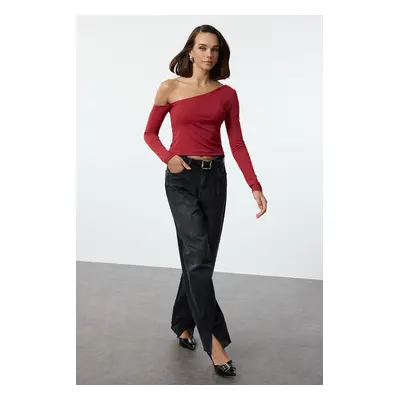 Trendyol Red One Shoulder Cotton Slim Fit Crop Knitted Blouse