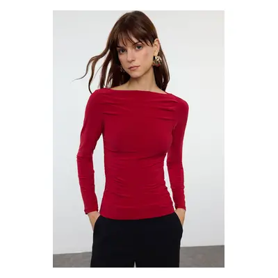 Trendyol Burgundy Boat Neck Draped Fitted Stretchy Knitted Blouse